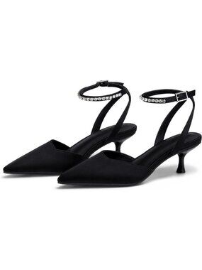 Women's Black Low Kitten Heels Closed Pointed Toe Pumps Rhinestone Ankle Strap